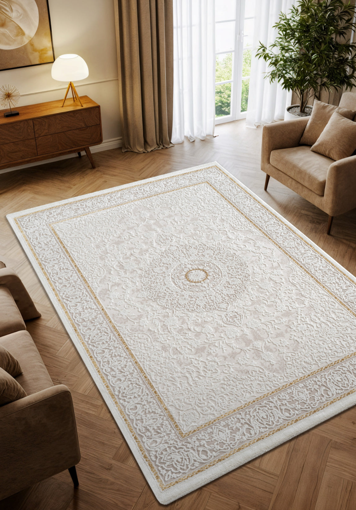 Luma Maison Velura Collection – Eleganter Teppich mit klassischem Medaillon-Design in Creme & Gold